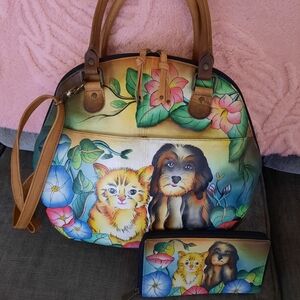 Anuschka Bag and Matching Wallet Set Cat Dog Morning Glory Flowers